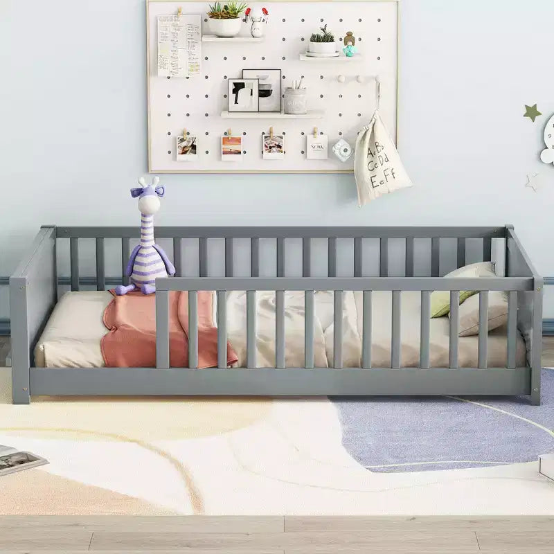 TUYOHW Full Size Toddler Floor Bed with House-Shaped Headboard and Fence,Modern Montessori Bed with Guardrails for Bedroom