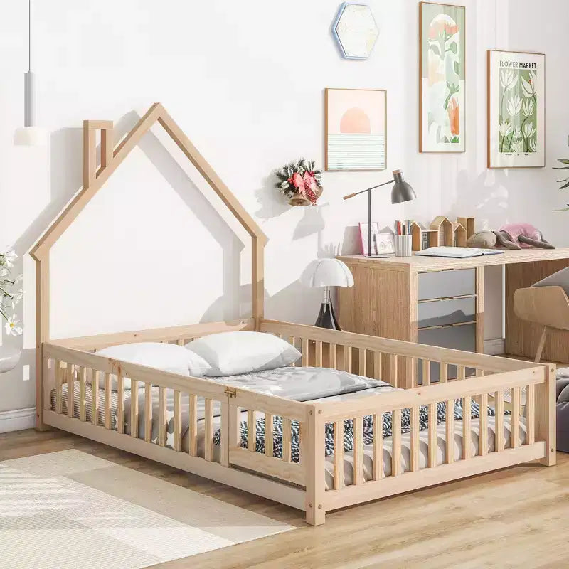 Testiera a forma di casa con sponde di protezione, da appoggiare a terra, colore grigio/naturale/bianco - Full Size, 1 bambino