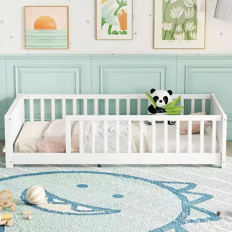 Testiera a forma di casa con sponde di protezione, da appoggiare a terra, colore grigio/naturale/bianco - Full Size, 1 bambino