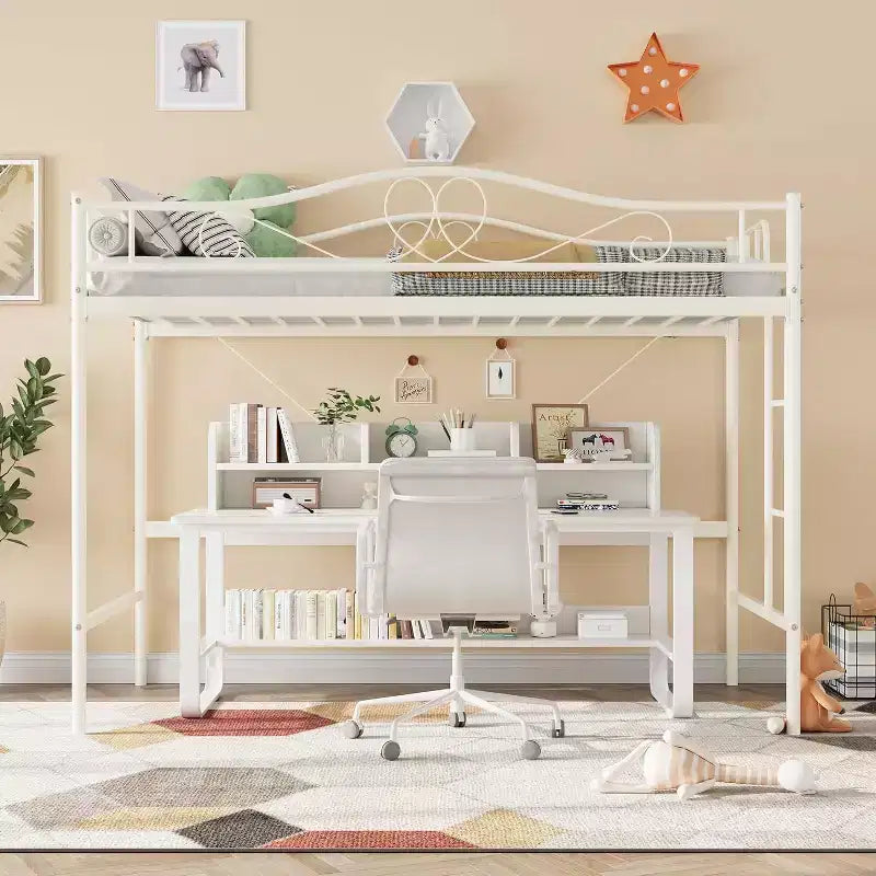 Letto a soppalco singolo con scaletta e sponda di protezione – Nero/Bianco crema/Oro/Rosa/Grigio argento, Struttura in metallo, 1 persona