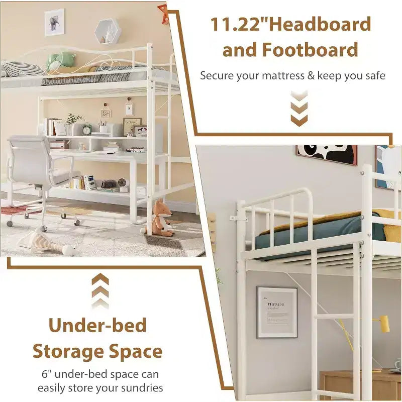 Letto a soppalco singolo con scaletta e sponda di protezione – Nero/Bianco crema/Oro/Rosa/Grigio argento, Struttura in metallo, 1 persona