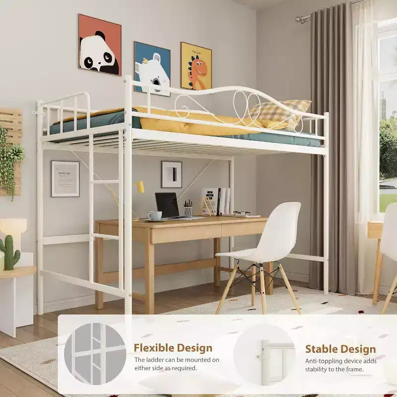 Letto a soppalco singolo con scaletta e sponda di protezione – Nero/Bianco crema/Oro/Rosa/Grigio argento, Struttura in metallo, 1 persona