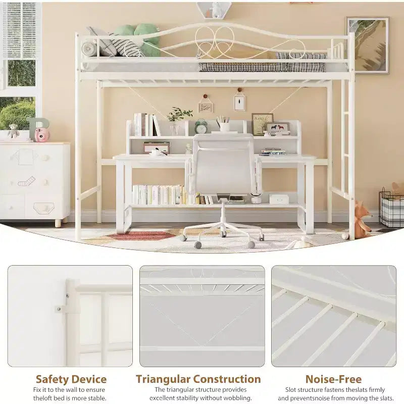 Letto a soppalco singolo con scaletta e sponda di protezione – Nero/Bianco crema/Oro/Rosa/Grigio argento, Struttura in metallo, 1 persona