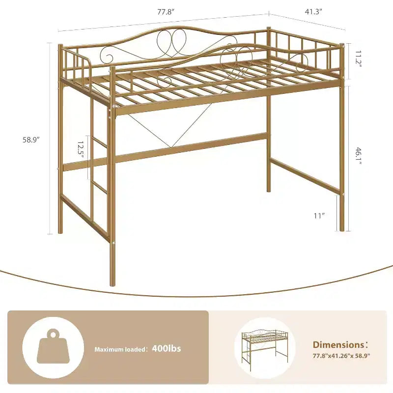 Letto a soppalco singolo con scaletta e sponda di protezione – Nero/Bianco crema/Oro/Rosa/Grigio argento, Struttura in metallo, 1 persona
