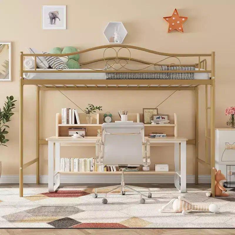 Letto a soppalco singolo con scaletta e sponda di protezione – Nero/Bianco crema/Oro/Rosa/Grigio argento, Struttura in metallo, 1 persona