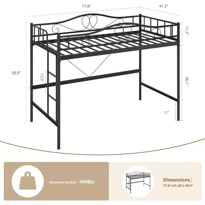 Letto a soppalco singolo con scaletta e sponda di protezione – Nero/Bianco crema/Oro/Rosa/Grigio argento, Struttura in metallo, 1 persona