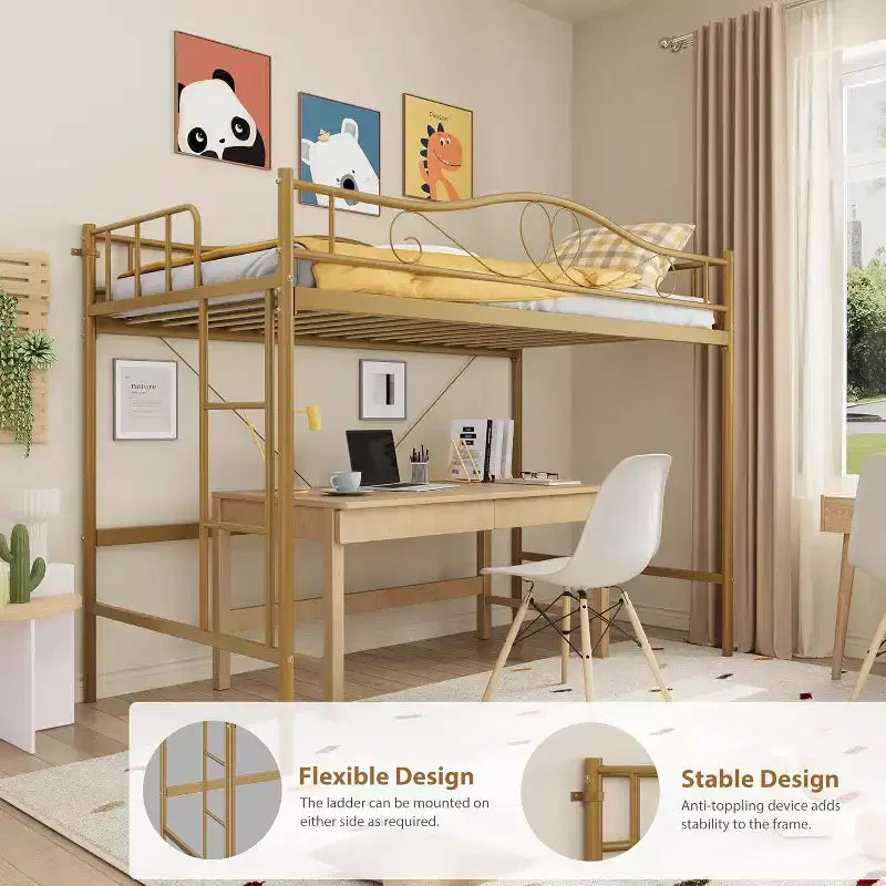Letto a soppalco singolo con scaletta e sponda di protezione – Nero/Bianco crema/Oro/Rosa/Grigio argento, Struttura in metallo, 1 persona