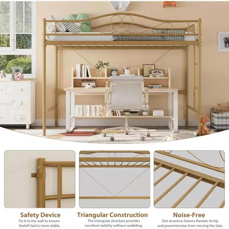 Letto a soppalco singolo con scaletta e sponda di protezione – Nero/Bianco crema/Oro/Rosa/Grigio argento, Struttura in metallo, 1 persona
