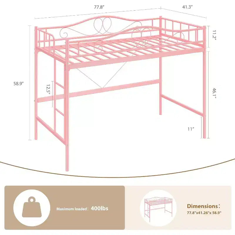 Letto a soppalco singolo con scaletta e sponda di protezione – Nero/Bianco crema/Oro/Rosa/Grigio argento, Struttura in metallo, 1 persona