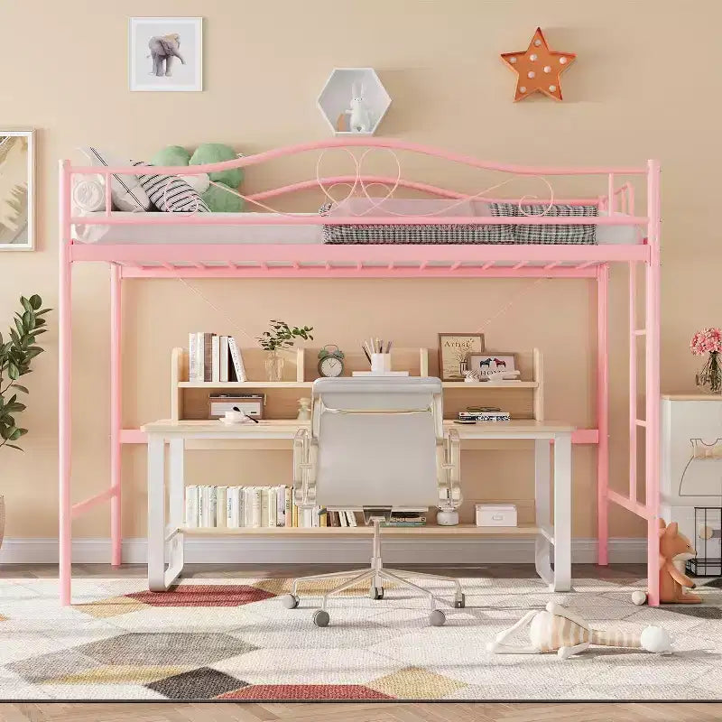 Letto a soppalco singolo con scaletta e sponda di protezione – Nero/Bianco crema/Oro/Rosa/Grigio argento, Struttura in metallo, 1 persona