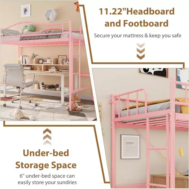 Letto a soppalco singolo con scaletta e sponda di protezione – Nero/Bianco crema/Oro/Rosa/Grigio argento, Struttura in metallo, 1 persona