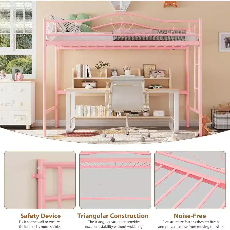 Letto a soppalco singolo con scaletta e sponda di protezione – Nero/Bianco crema/Oro/Rosa/Grigio argento, Struttura in metallo, 1 persona