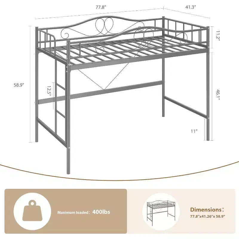 Letto a soppalco singolo con scaletta e sponda di protezione – Nero/Bianco crema/Oro/Rosa/Grigio argento, Struttura in metallo, 1 persona