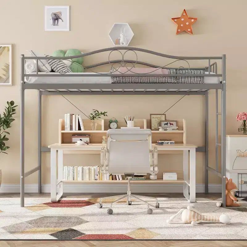Letto a soppalco singolo con scaletta e sponda di protezione – Nero/Bianco crema/Oro/Rosa/Grigio argento, Struttura in metallo, 1 persona