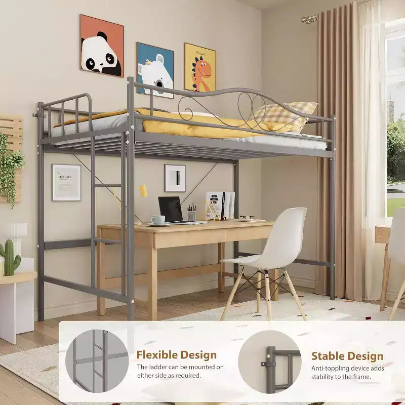 Letto a soppalco singolo con scaletta e sponda di protezione – Nero/Bianco crema/Oro/Rosa/Grigio argento, Struttura in metallo, 1 persona