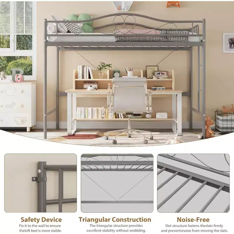 Letto a soppalco singolo con scaletta e sponda di protezione – Nero/Bianco crema/Oro/Rosa/Grigio argento, Struttura in metallo, 1 persona