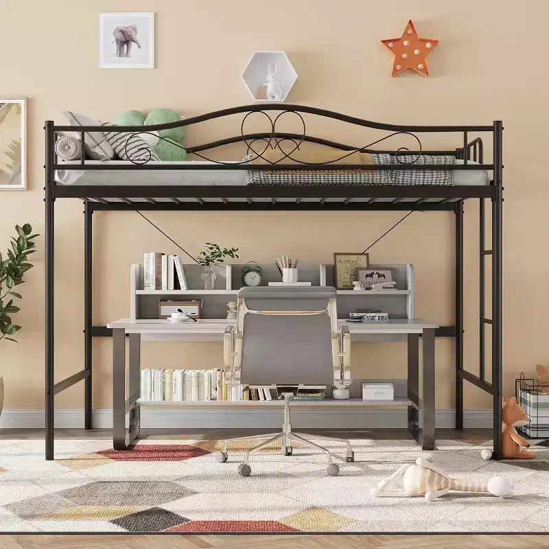 Letto a soppalco singolo con scaletta e sponda di protezione – Nero/Bianco crema/Oro/Rosa/Grigio argento, Struttura in metallo, 1 persona