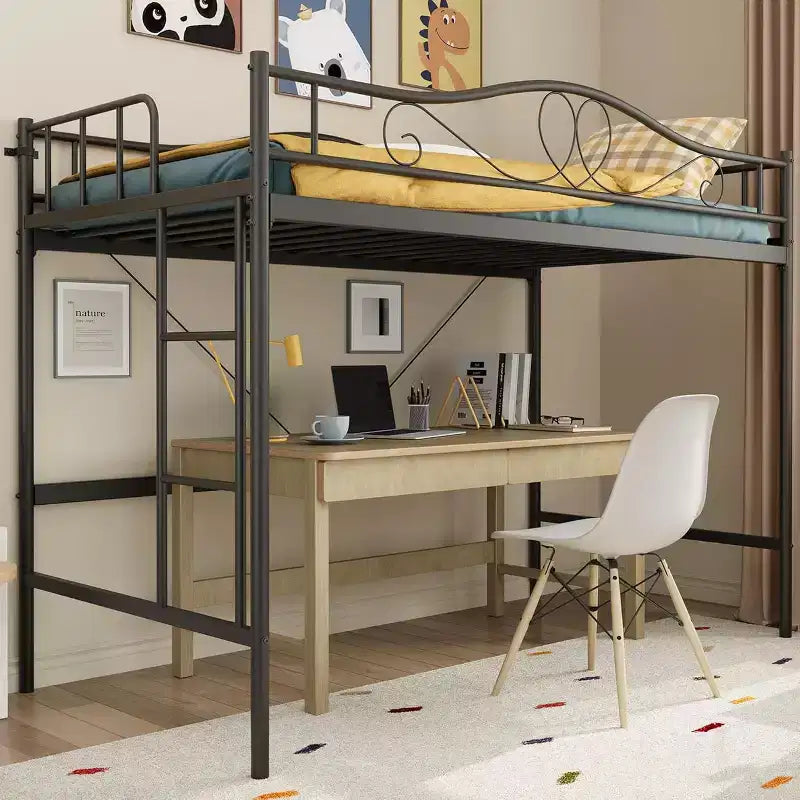 Letto a soppalco singolo con scaletta e sponda di protezione – Nero/Bianco crema/Oro/Rosa/Grigio argento, Struttura in metallo, 1 persona
