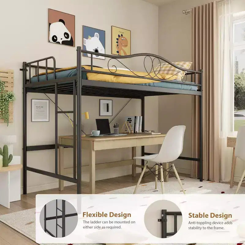 Letto a soppalco singolo con scaletta e sponda di protezione – Nero/Bianco crema/Oro/Rosa/Grigio argento, Struttura in metallo, 1 persona