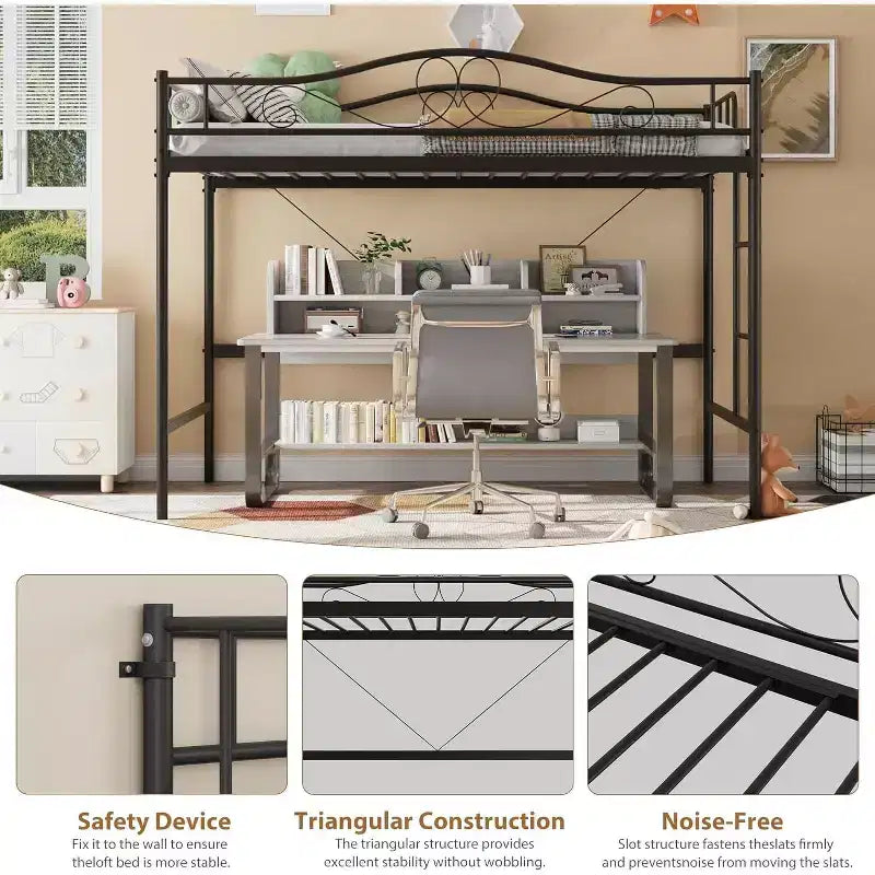 Letto a soppalco singolo con scaletta e sponda di protezione – Nero/Bianco crema/Oro/Rosa/Grigio argento, Struttura in metallo, 1 persona