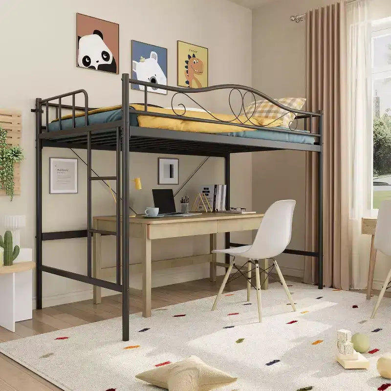 Twin Loft Bed with Adjustable Ladder & Full Safety Guardrail, Loft Bed Twin Heavy-Duty Metal Frame 400 Lbs Weight Capacity, No Box Spring Needed