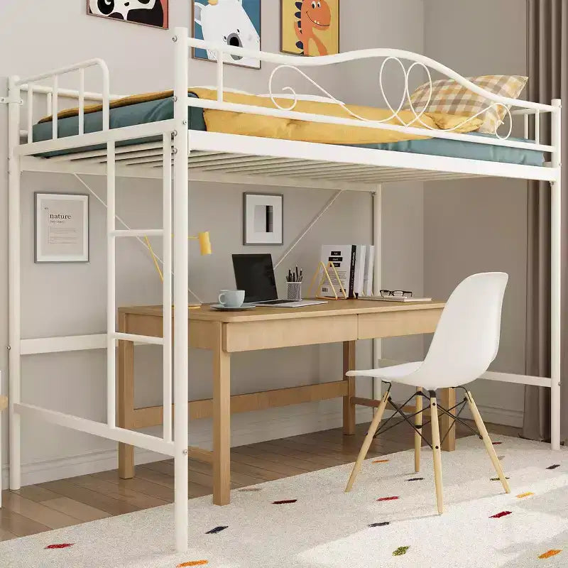 Letto a soppalco singolo con scaletta e sponda di protezione – Nero/Bianco crema/Oro/Rosa/Grigio argento, Struttura in metallo, 1 persona