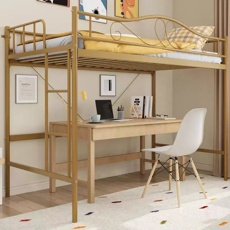 Letto a soppalco singolo con scaletta e sponda di protezione – Nero/Bianco crema/Oro/Rosa/Grigio argento, Struttura in metallo, 1 persona