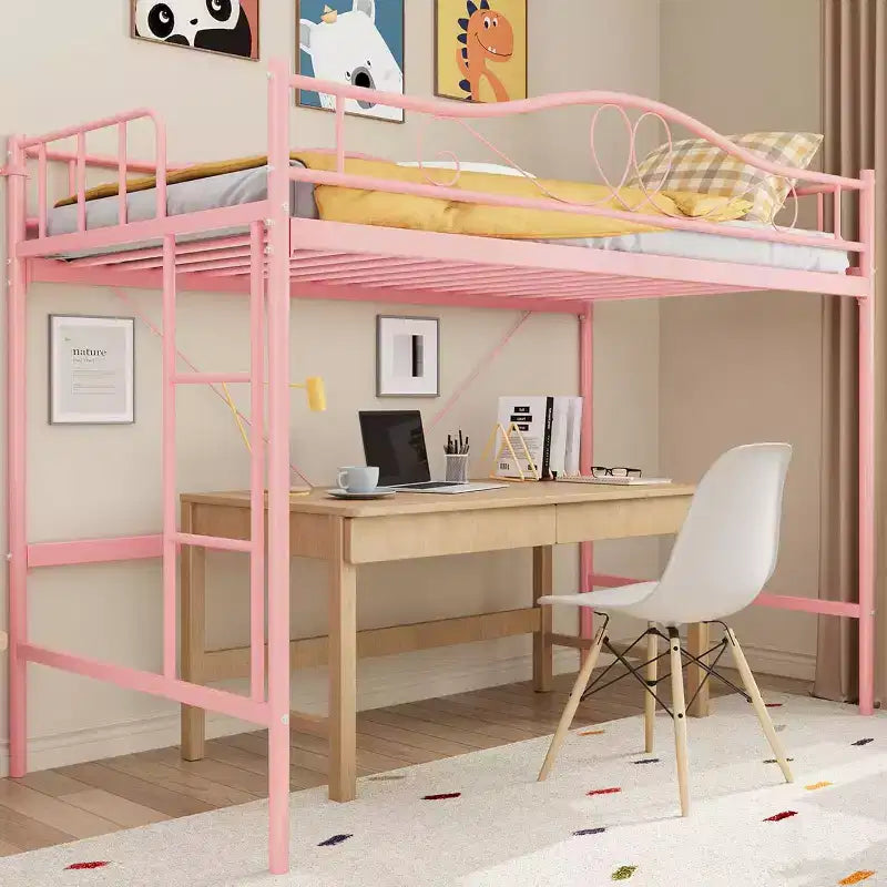 Letto a soppalco singolo con scaletta e sponda di protezione – Nero/Bianco crema/Oro/Rosa/Grigio argento, Struttura in metallo, 1 persona