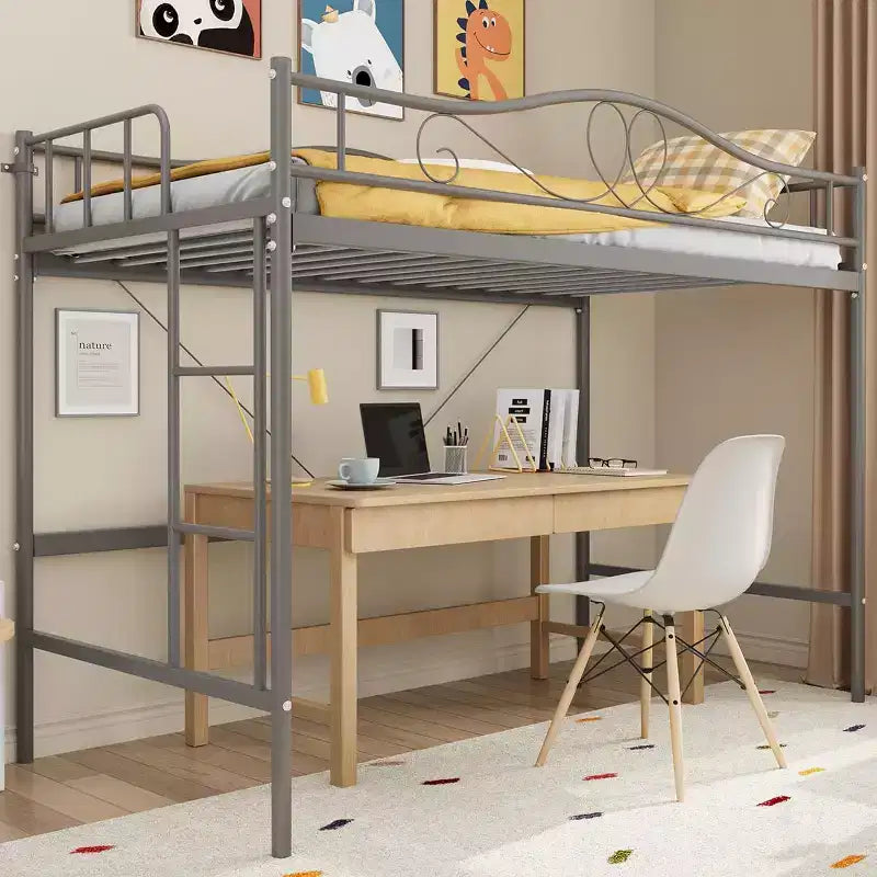 Letto a soppalco singolo con scaletta e sponda di protezione – Nero/Bianco crema/Oro/Rosa/Grigio argento, Struttura in metallo, 1 persona