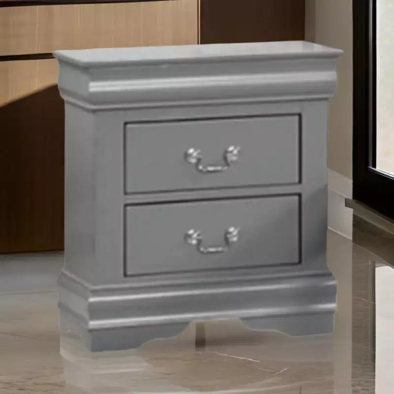 Comodino a 2 cassetti grigio chiaro con maniglie a goccia in nichel, singolo