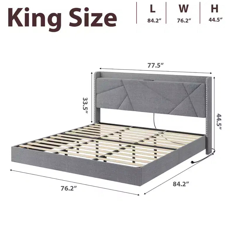 Struttura letto a piattaforma flottante imbottita nera / grigia / bianco sporco con LED RGB e testiera contenitore, per 1-2 adulti