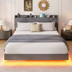 Struttura letto a piattaforma flottante imbottita nera / grigia / bianco sporco con LED RGB e testiera contenitore, per 1-2 adulti