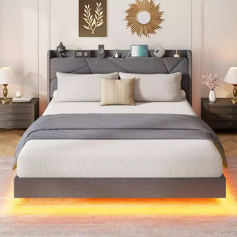 Struttura letto a piattaforma flottante imbottita nera / grigia / bianco sporco con LED RGB e testiera contenitore, per 1-2 adulti