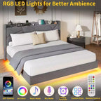 Struttura letto a piattaforma flottante imbottita nera / grigia / bianco sporco con LED RGB e testiera contenitore, per 1-2 adulti