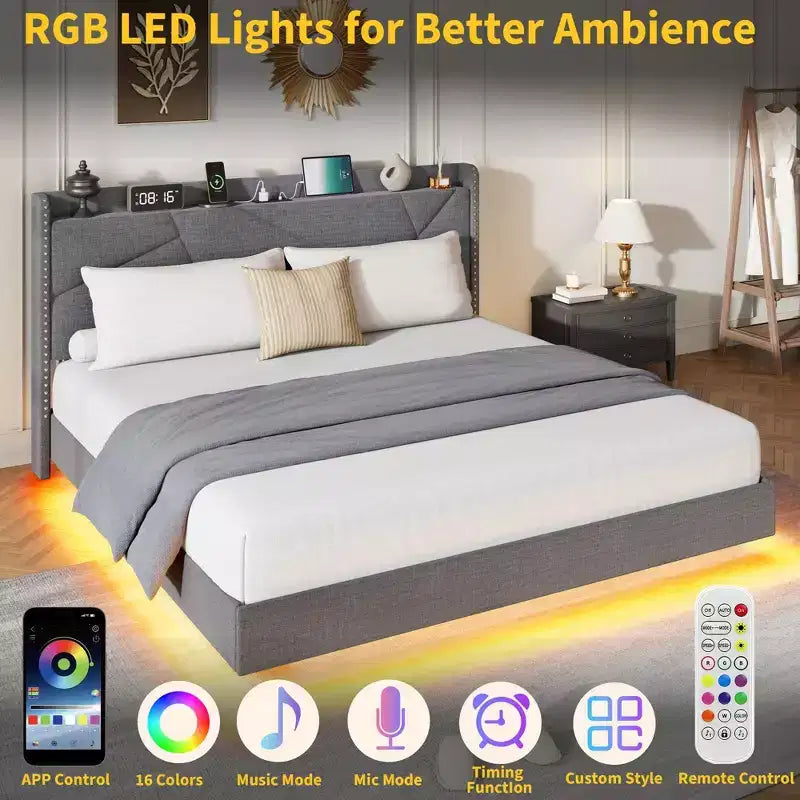 Struttura letto a piattaforma flottante imbottita nera / grigia / bianco sporco con LED RGB e testiera contenitore, per 1-2 adulti