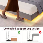 Struttura letto a piattaforma flottante imbottita nera / grigia / bianco sporco con LED RGB e testiera contenitore, per 1-2 adulti