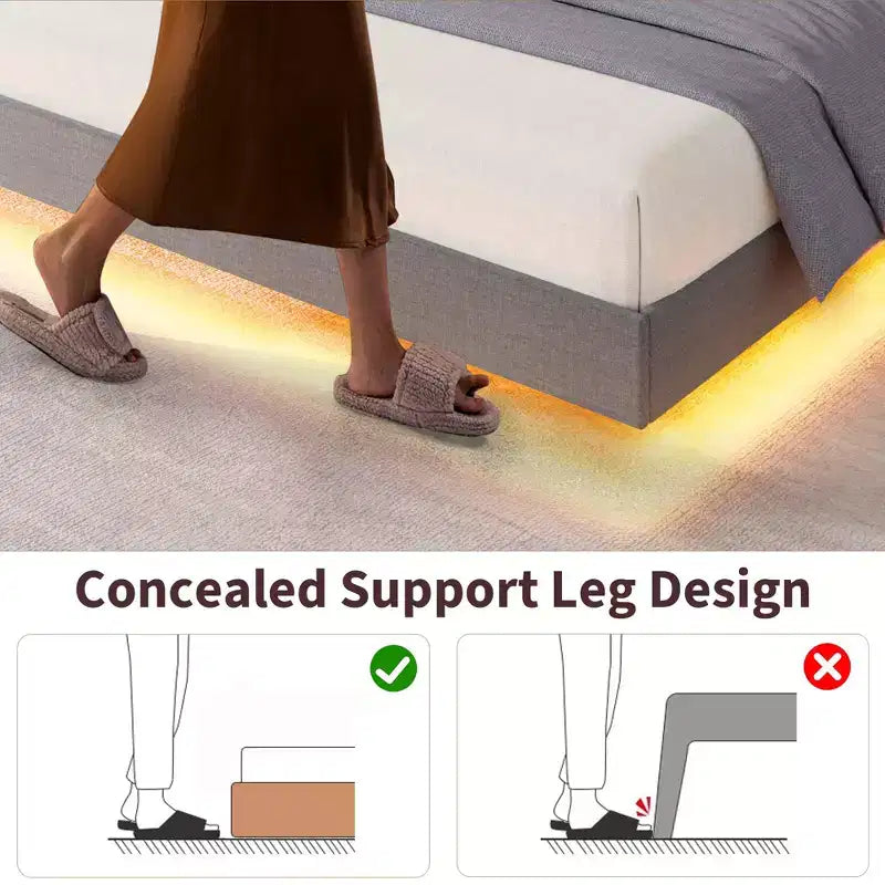 Struttura letto a piattaforma flottante imbottita nera / grigia / bianco sporco con LED RGB e testiera contenitore, per 1-2 adulti