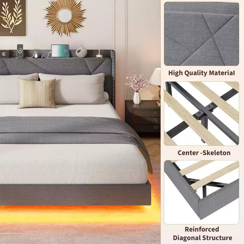 Struttura letto a piattaforma flottante imbottita nera / grigia / bianco sporco con LED RGB e testiera contenitore, per 1-2 adulti