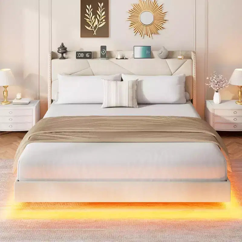 Struttura letto a piattaforma flottante imbottita nera / grigia / bianco sporco con LED RGB e testiera contenitore, per 1-2 adulti