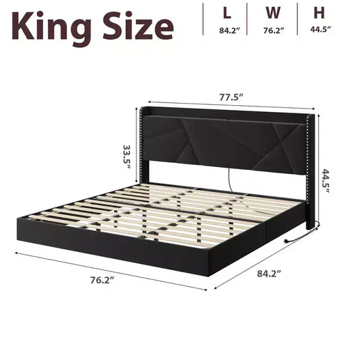 Struttura letto a piattaforma flottante imbottita nera / grigia / bianco sporco con LED RGB e testiera contenitore, per 1-2 adulti