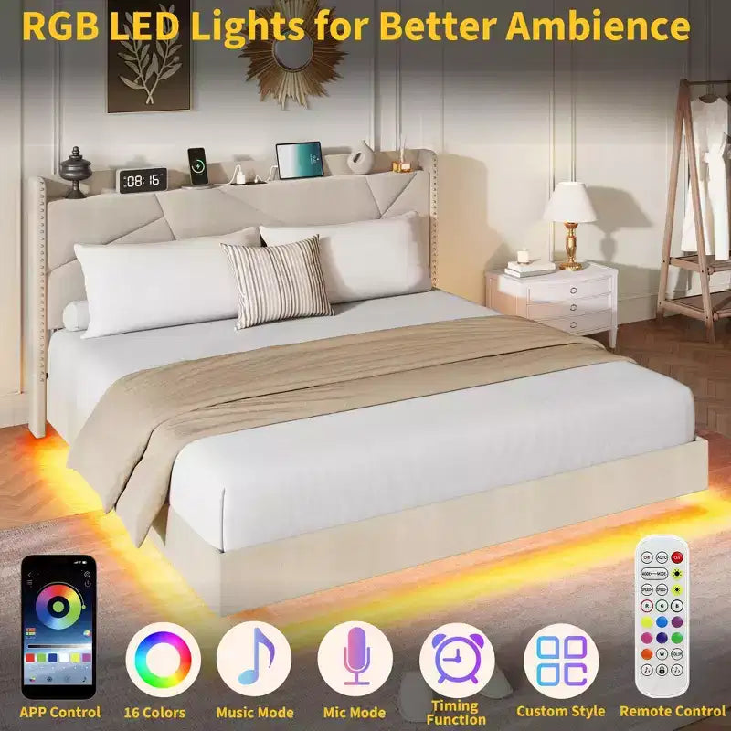 Struttura letto a piattaforma flottante imbottita nera / grigia / bianco sporco con LED RGB e testiera contenitore, per 1-2 adulti