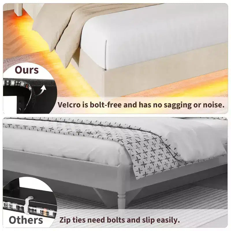 Struttura letto a piattaforma flottante imbottita nera / grigia / bianco sporco con LED RGB e testiera contenitore, per 1-2 adulti