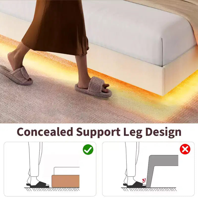 Struttura letto a piattaforma flottante imbottita nera / grigia / bianco sporco con LED RGB e testiera contenitore, per 1-2 adulti
