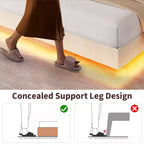 Struttura letto a piattaforma flottante imbottita nera / grigia / bianco sporco con LED RGB e testiera contenitore, per 1-2 adulti