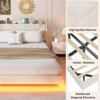 Struttura letto a piattaforma flottante imbottita nera / grigia / bianco sporco con LED RGB e testiera contenitore, per 1-2 adulti