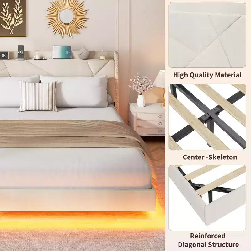 Struttura letto a piattaforma flottante imbottita nera / grigia / bianco sporco con LED RGB e testiera contenitore, per 1-2 adulti