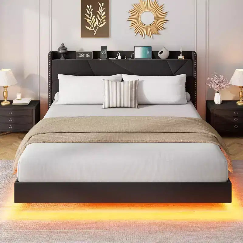 Struttura letto a piattaforma flottante imbottita nera / grigia / bianco sporco con LED RGB e testiera contenitore, per 1-2 adulti