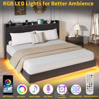 Struttura letto a piattaforma flottante imbottita nera / grigia / bianco sporco con LED RGB e testiera contenitore, per 1-2 adulti