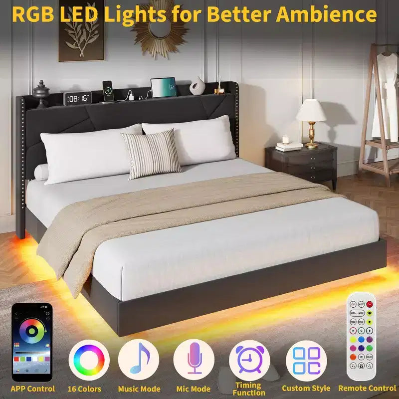 Struttura letto a piattaforma flottante imbottita nera / grigia / bianco sporco con LED RGB e testiera contenitore, per 1-2 adulti