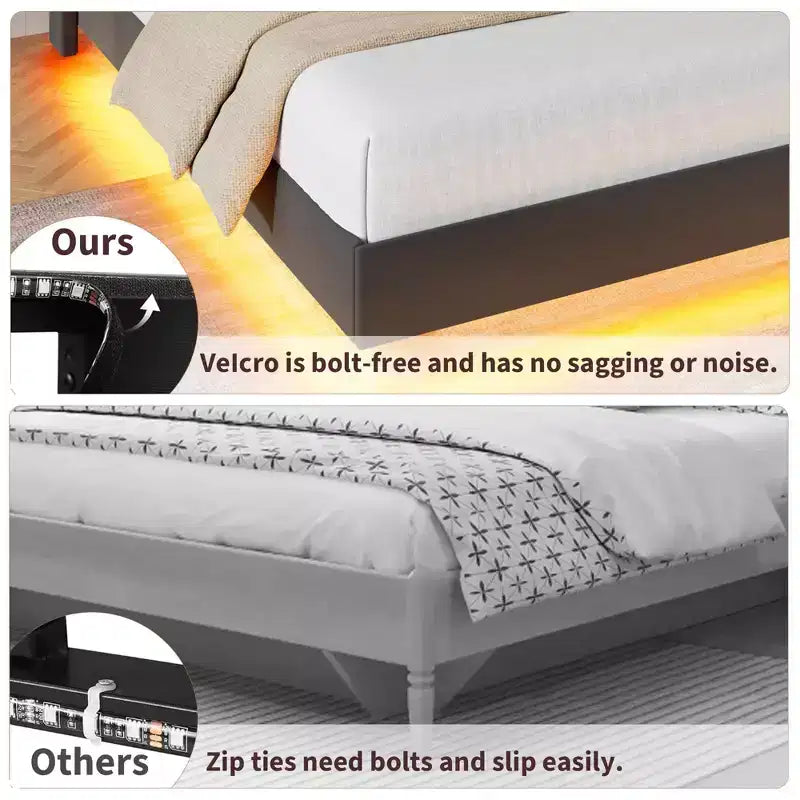 Struttura letto a piattaforma flottante imbottita nera / grigia / bianco sporco con LED RGB e testiera contenitore, per 1-2 adulti